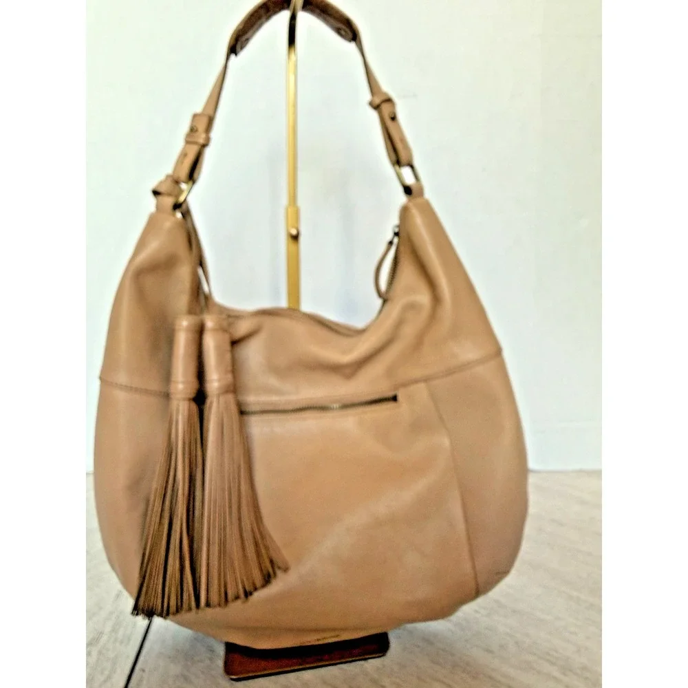 Lucky Brand Leather Hobo Shoulder Bag Tan Slouchy Tassel Boho Purse EST. 1990